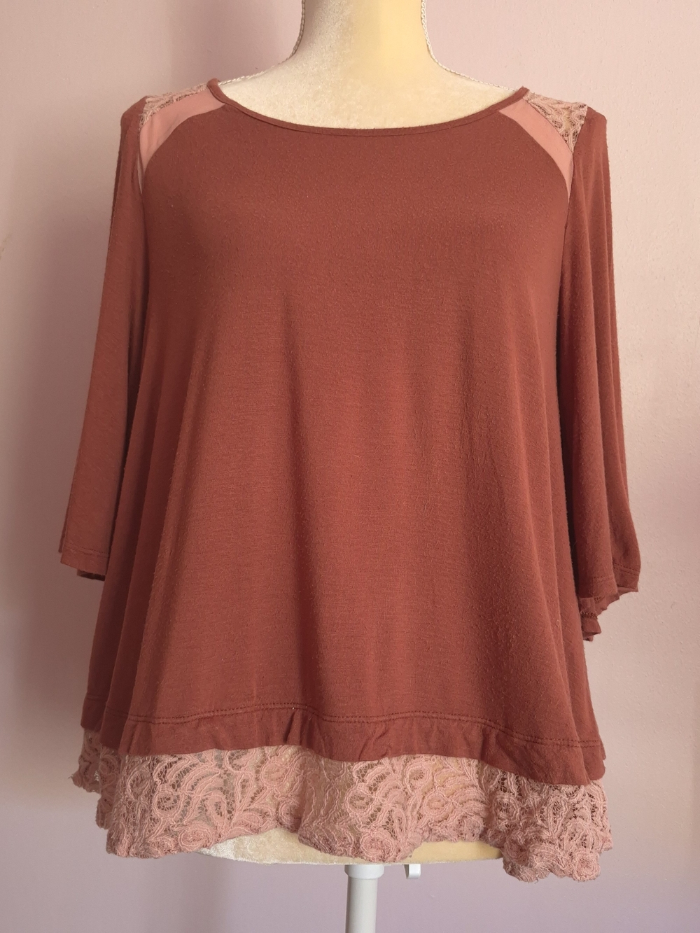 Vintage Anthropogie Flowy Rust Red Blouse Lace Trim XS